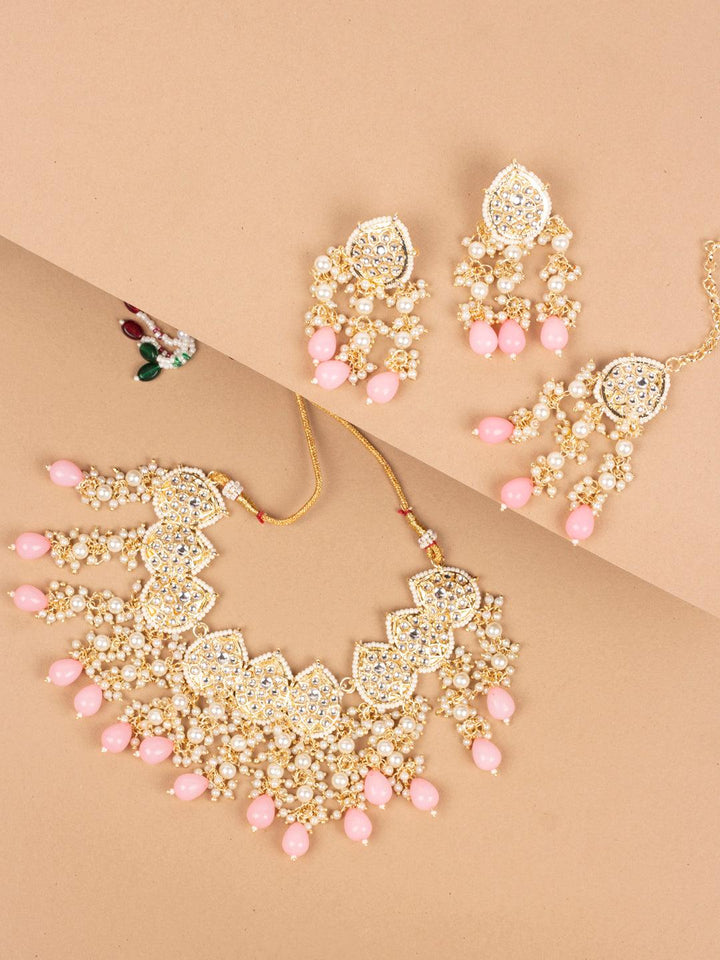 White Pink Kundan Beaded Jewelry Set - Trendisia