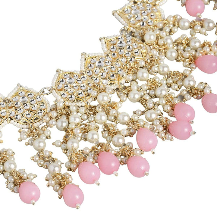 White Pink Kundan Beaded Jewelry Set - Trendisia