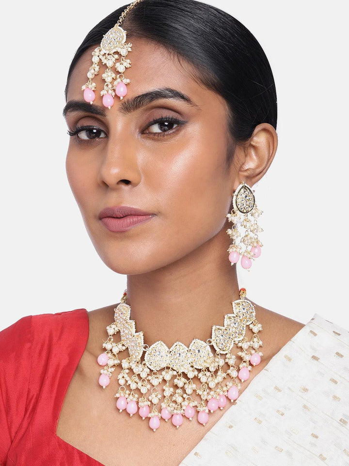 White Pink Kundan Beaded Jewelry Set - Trendisia