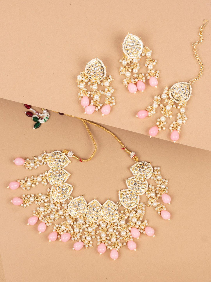 White Pink Kundan Beaded Jewelry Set - Trendisia