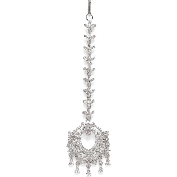 White Silver-Plated AD Studded Handcrafted Maang Tika - Trendisia