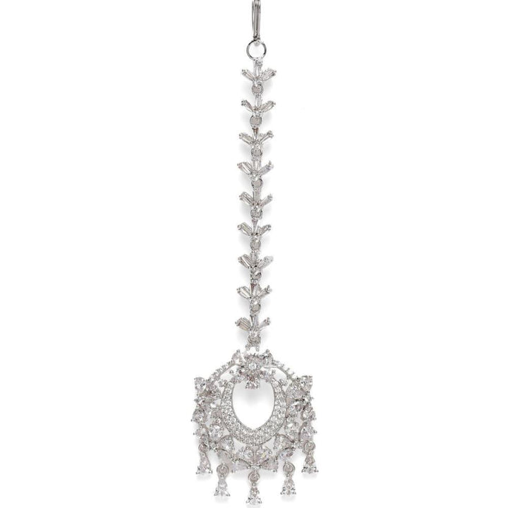 White Silver-Plated AD Studded Handcrafted Maang Tika - Trendisia