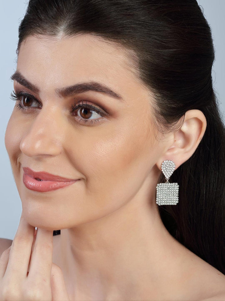 White Silver Plated Square Drop Earrings - Trendisia