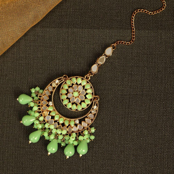 Women Gold-Plated Green Beaded Mirror Maang Tikka - Trendisia