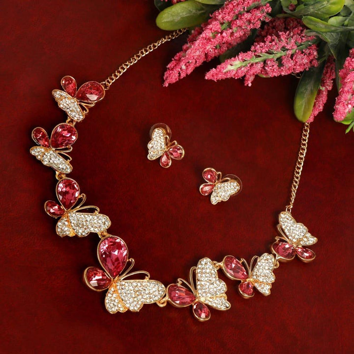 Women Gold Plated Pink Stone Studded Necklace - Trendisia
