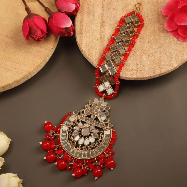 Women Gold-Plated Red Mirror-Studded Beaded Maangtika - Trendisia