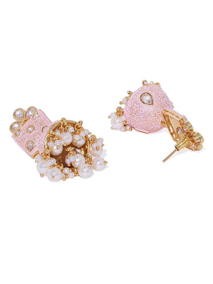 Women Gold-Toned Pink Dome Shaped Jhumkas - Trendisia