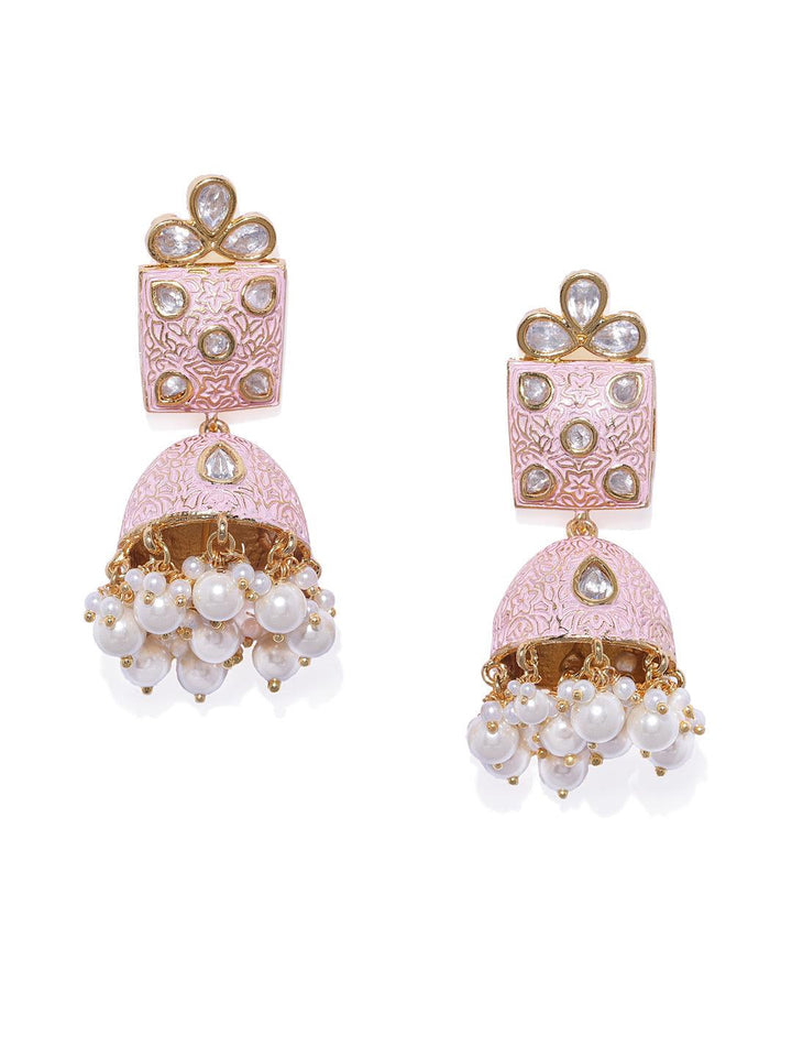 Women Gold-Toned Pink Dome Shaped Jhumkas - Trendisia