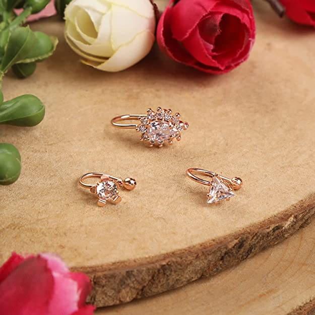 Women Pack of 3 Rose Gold-Plated American Diamond-Studded Nose Pins - Trendisia