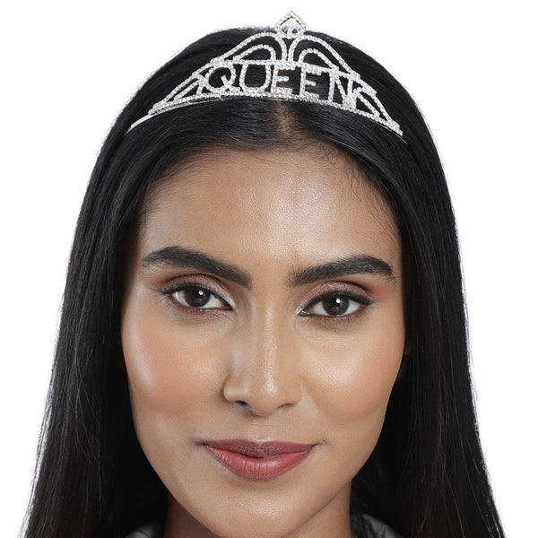 Women Silver-Toned Embellished Queen Tiara - Trendisia